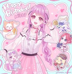  1boy 3girls ^_^ animal bare_shoulders barefoot bead_necklace beads belt birthday black_belt black_bow black_ribbon black_vest blonde_hair blue-framed_eyewear blue_border blue_skin blue_skirt blunt_bangs boots border bottle bow bow_choker bowtie bra_strap brown_boots brown_eyes brown_hat buttons cat center_frills character_name chibi choker cloak closed_eyes clothed_animal collarbone colored_skin commentary_request dada_(infinity_nikki) dress ear_covers english_text eyelashes eyewear_on_head faewish_sprite fins flower frilled_dress frilled_shirt frilled_skirt frilled_sleeves frills gift giroda_(infinity_nikki) hair_bow hair_ornament hair_ribbon hair_rings happy_birthday hat head_fins heart heart-shaped_eyewear helm helmet hexagram highres holding holding_bottle holding_flower holding_gift hood hood_up hooded_cloak infinity_nikki jewelry knee_boots layered_skirt light_blush long_hair long_sidelocks long_sleeves low_twintails medium_dress medium_skirt momo_(nikki) multiple_girls necklace neneko_(nnk_suimin) newsboy_cap nikki_(nikki) nikki_(series) nonoy_(infinity_nikki) off-shoulder_shirt off_shoulder one_eye_closed open_mouth origami outline outside_border outstretched_arm oversized_object paper_crane patch perfect_start_(infinity_nikki) piecey pink-tinted_eyewear pink_background pink_bow pink_bowtie pink_choker pink_eyes pink_hair pink_ribbon pink_shoes pink_skirt pleated_dress pleated_skirt print_skirt puffy_long_sleeves puffy_short_sleeves puffy_sleeves purple_bow purple_bowtie raggy_(infinity_nikki) red_bow red_bowtie red_hair ribbon robe rose sack see-through_clothes see-through_sleeves shirt shoes short_hair short_hair_with_long_locks short_sleeves sidelocks single_hair_ring single_stripe skirt sleeves_past_wrists smile snowflake_print snowflakes soda sparkle star_(symbol) star_necklace star_print straight_hair striped_bow striped_bowtie striped_choker striped_clothes sunglasses suspender_skirt suspenders teeth tinted_eyewear traditional_bowtie tress_ribbon twintails twitter_username v very_long_hair vest wavy_hair white_cat white_cloak white_dress white_hair white_outline white_robe white_shirt white_skirt yellow_cloak yellow_flower yellow_rose 