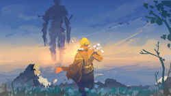  1girl blonde_hair blue_jacket braid cape chinese_commentary crown_braid duchess_(elden_ring) elden_ring elden_ring_nightreign flower from_behind giant graas hair_bun highres holding holding_flower jacket landscape ocean ornate_clothes outdoors scenery standing sunrise tree water 