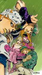  2girls 3boys araki_hirohiko_(style) argyle_clothes argyle_sweater art_program_in_frame beanie beard black_hat blonde_hair blue_eyes bob_cut bodysuit boots bridal_gauntlets brown_hat capelet clothing_cutout comic_cover_redraw commentary_request cowboy_hat derivative_work diego_brando dress facial_hair facial_mark flower_ornament gloves goggles goggles_on_headwear green_helmet green_sweater grey_bodysuit grey_gloves grey_pants gyro_zeppeli hat hatching_(texture) helmet highres horseshoe_hat_ornament horseshoe_ornament hot_pants_(sbr) jjba_kk johnny_joestar jojo_no_kimyou_na_bouken long_hair lucy_steel male_focus multiple_boys multiple_girls orange_hair orange_lips pants parted_lips pink_boots pink_capelet pink_dress pink_hair pink_lips procreate_(medium) procreate_(software) purple_bridal_gauntlets purple_shirt reference_inset screenshot shirt short_hair shoulder_cutout star_(symbol) star_print steel_ball_run sweater teeth thumbs_up white_hat yellow_lips 