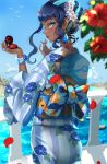  1girl alternate_costume black_hair blue_kimono blurry blurry_foreground boat bracelet clouds commentary_request dark-skinned_female dark_skin day earclip earrings eyelashes eyeshadow falling_petals floral_print flower green_eyes hands_up holding japanese_clothes jewelry kimono lipstick makeup nessa_(pokemon) outdoors parted_lips petals poke_ball_print pokemon pokemon_(game) pokemon_swsh red_flower red_lips sash setta_shu sidelocks sky solo water watercraft 