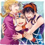  3boys argyle argyle_sweater black_hair blonde_hair flower giorno_giovanna guido_mista hat highres hug jojo_no_kimyou_na_bouken male_focus mikan03260 multiple_boys narancia_ghirga one_eye_closed screentones sweater vento_aureo wing_ornament 