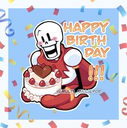  1boy 2025 2d armor artist_name birthday birthday_cake blue_background border cake cape cropped_torso digital_media food gloves happy_birthday highres holding holding_food humanoid male male_focus male_only monster monster_boy multi_milliepop open_mouth outline papyrus_(undertale) pastry red_cape red_gloves revision simple_background skeleton solo sticker_(medium) teeth two-tone_background undead undertale utdr_(toby_fox) white_armor white_border white_outline |_| 