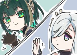  2girls blue_eyes closed_mouth commentary english_commentary genshin_impact green_hair hair_ornament hair_over_one_eye highres mole mole_under_eye multiple_girls nefer_(genshin_impact) one_eye_covered shenhe_(genshin_impact) smile symbol-shaped_pupils triangle-shaped_pupils waving white_hair xinzoruo 
