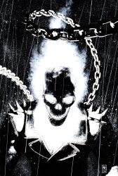  1boy acrylic_paint_(medium) chain commentary dark english_commentary fire flaming_head flaming_skull ghost_rider ghost_rider_(series) highres jacket leather leather_jacket male_focus marvel monochrome painting_(medium) pen_(medium) rain skull solo spiked_jacket traditional_media upper_body valerio_giangiordano 