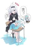  2girls a.r.o.n.a_(blue_archive) absurdres arona_(blue_archive) bare_legs black_coat black_eyes black_hairband black_serafuku blue_archive blue_hair blue_serafuku blush braid closed_eyes coat commentary_request covering desk dreaming expressionless facing_viewer full_body hair_over_one_eye hair_ribbon hairband halo head_on_table highres long_hair looking_at_another medium_hair multicolored_hair multiple_girls neckerchief open_mouth pink_hair ribbon sailor_collar school_desk school_uniform serafuku single_braid sitting skirt sleep_bubble sleep_talking sleeping sleeping_upright smile standing tamura-chan thought_bubble translation_request two-tone_hair very_long_hair white_hair white_hairband white_neckerchief white_ribbon white_skirt 