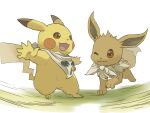  eevee hakkentai_pokedan highres no_humans one_eye_closed open_mouth outstretched_arms pikachu pokemon pokemon_(creature) simple_background white_background 