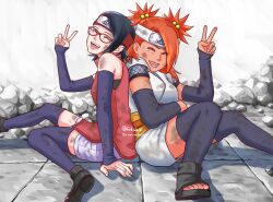  2girls akimichi_chouchou back-to-back black_arm_warmers black_hair black_shoes black_thighhighs boruto:_naruto_next_generations closed_eyes commentary_request dark-skinned_female dark_skin dirty dirty_clothes dirty_face forehead_protector grey_shorts hair_bobbles hair_ornament headband highres japanese_clothes matsu_(fu6ide2) multiple_girls naruto_(series) open-toe_shoes open_mouth orange_hair red_headband shoes shorts sitting smile tearing_up thigh-highs twitter_username two_side_up uchiha_sarada v watermark white_headband 
