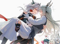  +++ 2girls :d ^_^ absurdres alina_(arknights) animal_ears antlers arknights black_dress black_gloves black_pantyhose black_vest blush carrying carrying_person chibi chibi_inset closed_eyes commentary_request dress face-to-face fingerless_gloves flower gloves grey_eyes grey_hair hair_between_eyes hair_intakes hand_on_another's_shoulder happy heart highres horns inset laughing light_blush long_hair long_sleeves looking_at_another medium_hair mouth_hold multiple_girls open_mouth pantyhose princess_carry profile red_flower red_rose request_inset revision rose smile talulah_(arknights) talulah_the_fighter_(arknights) uof vest white_background white_dress yuri 