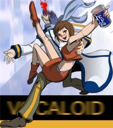  1boy 1girl beer blood blue_hair brown_hair drunk duo kaito kicking meiko scarf vocaloid 