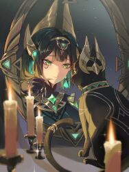  1girl ancient_egyptian_clothes ashru_(genshin_impact) black_gloves candle cat claw_ring commentary different_reflection ear_covers facial_mark gem genshin_impact gloves green_eyes green_gemstone green_hair green_shirt hairband hand_in_own_hair hashtag-only_commentary headgear highres looking_at_another mirror mole mole_under_eye nefer_(genshin_impact) reflection shirt short_hair smile sparkle symbol-only_commentary viviwi 