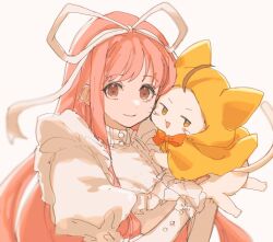  1girl animal bib_collar blush_stickers bow bowtie brown_eyes buttons cat cloak closed_mouth clothed_animal dot_nose dress ear_covers eyelashes frilled_dress frilled_sleeves frills hair_ribbon heads_together highres hino_(8) holding holding_animal holding_cat hood hood_up hooded_cloak juliet_sleeves large_ribbon long_hair long_sleeves momo_(nikki) nikki_(nikki) nikki_(series) open_mouth orange_bow orange_bowtie pink_hair puffy_sleeves ribbon simple_background sleeve_bow smile tareme traditional_bowtie turtleneck turtleneck_dress upper_body very_long_hair white_background white_bow white_cat white_dress white_ribbon yellow_cloak 