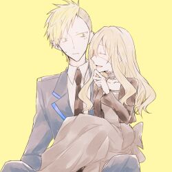  1boy 1girl anti-eyebrow_piercing black_dress black_jacket blonde_hair choker dress eye_piercing eyepatch face_piercing green_eyes higyaku_no_noel jacket kagu_(noko11) long_hair medical_eyepatch necktie noel_cerquetti oscar_dressel piercing police police_uniform policeman short_hair 