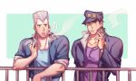  2608337875 2boys aged_down between_fingers black_hair blue_eyes cigarette cropped_jacket flattop gakuran green_eyes grey_hair hat highres holding jean_pierre_polnareff jojo_no_kimyou_na_bouken kujo_jotaro male_focus multiple_boys railing school_uniform smoke_ring tall_hair 