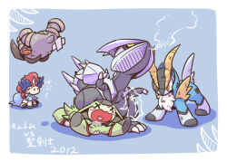  2012 =_= animal_focus bandaid blue_background blush blush_stickers border claws closed_eyes cobalion commentary_request defeat dragon horns ice injury keldeo keldeo_(ordinary) kyurem nettsuu no_humans nostrils open_mouth pokemon pokemon_(anime) pokemon_(creature) pokemon_bw_(anime) pokemon_focus pokemon_the_movie:_kyurem_vs._the_sword_of_justice simple_background single_horn sitting speech_bubble terrakion translation_request v-shaped_eyes virizion white_border x_x yellow_eyes 