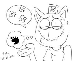 1boy 2015 2d animal_ears anthro burgerpants cat cat_boy cat_ears coffgirl commentary dated digital_media english_commentary flower_(symbol) footprints furry furry_male hand_up hat lineart looking_at_viewer male male_focus male_only mammal mini_hat monochrome portrait shirt simple_background solo speech_bubble spoken_flower spoken_footprint text thought_bubble undertale utdr_(toby_fox) white_background