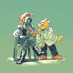  2025 2d 2girls alphys anthro aqua_background black_boots black_eyepatch black_tank_top blue_pants blue_skin book boots buck_teeth chair coat colored_sclera colored_skin comic_book crocs crossed_legs digital_media dinosaur dinosaur_girl duo ear_fins eyepatch female female_only fins fish fish_girl glasses head_fins height_difference high_ponytail holding holding_book iitting lab_coat lizard lizard_girl lizard_tail long_hair monster monster_girl multiple_girls pants ponytail red_hair reptile reptile_girl reptile_tail scalie sharp_teeth simple_background slit_pupils sweat tank_top teeth undertale undyne utdr_(toby_fox) white_coat xulia_vicente_(takoxuls) yellow_sclera yellow_skin yellow_teeth 