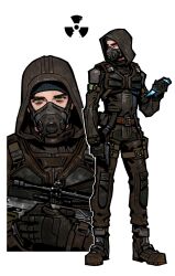  1boy beanie black_gloves black_shirt boots brown_boots brown_eyes brown_pants chinese_commentary commentary_request fukurau full_body gloves grey_hat gun handgun hat highres holding holding_gun holding_weapon hood hood_up looking_afar looking_at_viewer makarov_pm male_focus mask multiple_views pants radiation_symbol respirator shirt simple_background skif_(stalker_2) stalker_(game) stalker_2:_heart_of_chornobyl weapon white_background 