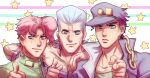  2608337875 3boys blue_eyes chain cherry_earrings earrings flattop food-themed_earrings gakuran grey_hair hat highres jean_pierre_polnareff jewelry jojo_no_kimyou_na_bouken jojo_pose kakyoin_noriaki kujo_jotaro kujo_jotaro&#039;s_pose_(jojo) multiple_boys pointing redhead scar scar_across_eye school_uniform smile stardust_crusaders violet_eyes 