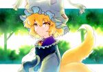  1girl animal_ears blonde_hair blush closed_mouth dress fox_ears fox_tail from_side hair_between_eyes hat highres mob_cap multiple_tails portrait qqqrinkappp short_hair smile solo tabard tail touhou traditional_media white_dress white_headwear yakumo_ran yellow_eyes 
