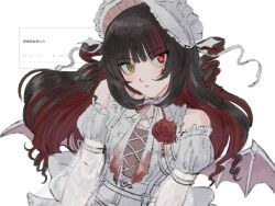  1girl bad_id bad_twitter_id black_hair bonnet colored_inner_hair demon_wings detached_sleeves dress flower gothic_lolita heterochromia highres idolmaster idolmaster_shiny_colors ikaruga_luca jiro_26 lolita_fashion long_hair looking_at_viewer multicolored_hair neck_ribbon odaibako red_eyes red_flower red_hair red_rose request_inset ribbon ringlets rose simple_background solo streaked_hair translation_request two_side_up upper_body white_background white_bonnet white_dress white_ribbon wings yellow_eyes 