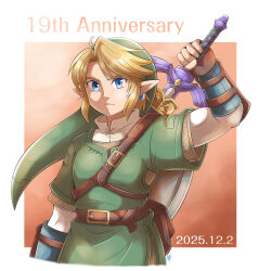  1boy absurdres aogaeru_(pixiv46613656) artist_logo belt belt_pouch blonde_hair blue_eyes brown_belt brown_gloves commentary_request dated ear_piercing english_text fingerless_gloves gloves green_hat green_tunic hat highres link logo looking_at_viewer male_focus master_sword piercing pointy_ears pouch shield sidelocks solo the_legend_of_zelda the_legend_of_zelda:_twilight_princess tunic 