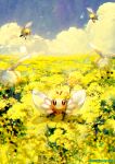  :o artist_name blush brown_eyes clouds commentary_request cutiefly day ekm field flower flower_field holding holding_flower looking_at_viewer outdoors pokemon ribombee sky watermark yellow_flower 