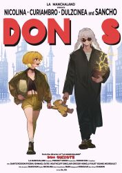  1boy 1girl absurdres alternate_costume black_choker black_coat black_shoes blonde_hair choker coat don_quixote_(project_moon) flower_pot full_body golden_bough_(limbus_company) highres holding holding_flower_pot holding_stuffed_toy jeehyung_seo la_manchaland's_don_quixote_(project_moon) limbus_company long_hair movie_poster poster_parody project_moon shoes short_hair shorts smile stuffed_animal stuffed_toy sunglasses teddy_bear white_hair 