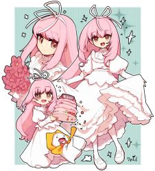  1girl animal aqua_background bib_collar birthday birthday_cake border bouquet bow bowtie brown_eyes buttons cake cat character_name cloak closed_mouth clothed_animal commentary_request confetti cropped_legs cropped_torso dot_nose dress ear_covers eyelashes flower flying_sweatdrops food frilled_dress frilled_sleeves frills full_body gown hair_ribbon happy highres holding holding_bouquet holding_plate hood hood_up hooded_cloak infinity_nikki juliet_sleeves large_ribbon light_blush long_dress long_hair long_sleeves looking_at_viewer mary_janes momo_(nikki) multiple_views naekam nikki_(nikki) nikki_(series) o_o open_mouth outline outside_border pantyhose petticoat pink_flower pink_hair plate puff_of_air puffy_sleeves red_bow red_bowtie ribbon shoes sidelocks signature skirt_hold sleeves_past_wrists smile sparkle standing surprised traditional_bowtie turtleneck turtleneck_dress vertical-striped_background very_long_hair wavy_hair white_border white_cat white_dress white_outline white_pantyhose white_ribbon white_shoes yellow_cloak 