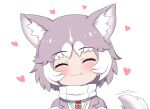  1girl :3 ^_^ animal_ear_fluff animal_ears blush closed_eyes dog_(mixed_breed)_(kemono_friends) dog_ears dog_tail extra_ears facing_viewer fang fang_out grey_hair grey_jacket harness heart jacket kemono_friends multicolored_hair portrait ransusan scarf short_hair simple_background solo sweater tail tail_wagging two-tone_hair white_background white_hair white_sweater 