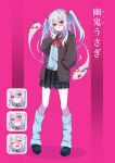 1girl alternate_costume duel_monster full_body ghost_ogre_&amp;_snow_rabbit highres horns long_hair looking_at_viewer mosu_(korikan) open_mouth pleated_skirt pointy_ears red_eyes school_uniform serafuku shirt skirt smile solo twintails v white_hair white_shirt yu-gi-oh!