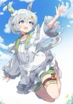 1girl :d animal_ears blue_sky choker commentary_request day ear_covers floating flower grey_hair hair_between_eyes hair_flower hair_ornament highres horse_ears horse_girl horse_tail looking_away outstretched_arm seiun_sky_(umamusume) short_hair single_ear_cover sky smile solo tail thigh_strap totomono umamusume 
