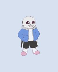  1boy 2023 2d black_shorts blue_jacket cute digital_media full_body grey_background grey_hood grin hands_in_pockets highres hollow_eyes hood hood_down hooded_jacket humanoid iamallofbea jacket male male_focus male_only monster monster_boy open_clothes open_jacket pink_slippers sans_(undertale) shirt shorts simple_background single_vertical_stripe skeleton slippers smile socks solo standing striped_shorts teeth undead undertale utdr_(toby_fox) vertical-striped_clothes vertical-striped_shorts white_shirt white_socks white_stripes 