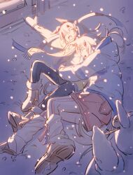  2girls animal_ears black_leggings blue_hairband boots brown_boots closed_eyes coat ear_covers fur-trimmed_boots fur_trim grey_hair hair_between_eyes hairband headband highres horse_ears horse_girl hug leggings leggings_under_shorts long_hair long_sleeves loose_socks lying mittens multiple_girls nooctadesu oguri_cap_(umamusume) on_side open_mouth outdoors pink_shorts red_headband shorts smile snow snowman socks striped_clothes striped_hairband tail tamamo_cross_(umamusume) umamusume white_leggings white_socks winter_clothes winter_coat yuri 