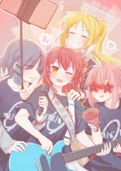 4girls absurdres ahoge bass_guitar birthday black_shirt blonde_hair blue_hair bocchi_the_rock! cable_tie cable_tie_around_wrist closed_eyes collarbone confetti flying_sweatdrops gotoh_hitori grey_shirt grin hair_ornament hairclip hand_on_another's_shoulder happy_birthday heart highres holding holding_bass_guitar holding_instrument holding_microphone holding_party_popper holding_plectrum ijichi_nijika instrument kessoku_band kessoku_band_logo kessoku_band_t-shirt kita_ikuyo layered_sleeves long_hair long_sleeves looking_at_viewer medium_hair microphone multiple_girls musical_note one_eye_closed one_side_up open_mouth party_popper pink_hair plectrum red_hair sash selfie selfie_stick shirt short_over_long_sleeves short_sleeves side_ponytail smile spoken_heart spoken_musical_note star-shaped_eyewear star_(symbol) sunglasses sweatdrop teeth translation_request white_sash yakaze_(yakaze1604) yamada_ryo yellow_eyes 