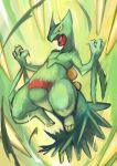  commentary_request eye_trail full_body hands_up highres light_trail looking_down multicolored_background no_humans open_mouth pokemon pokemon_(creature) rightorisamraido3 sceptile solo tongue w_arms 