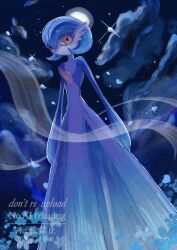  alternate_color blue_hair blue_skin bob_cut colored_skin dress field flower flower_field gardevoir highres looking_at_viewer masyumori moon multicolored_skin night night_sky orange_eyes pokemon pokemon_(creature) shiny_pokemon sky two-tone_skin watermark white_dress white_skin 