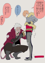  2boys beard boots dratton_bergman dynamite explosive facial_hair fur-trimmed_jacket fur_trim higyaku_no_noel jacket junko_(junko100) kneeling multiple_boys old old_man orange_hair red_jacket ribelio_strada short_hair translation_request tying 