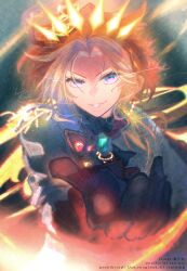  1girl black_gloves blonde_hair brown_hair commentary_request floating_hair forehead gem gloves glowing glowing_hair green_gemstone grey_hair grey_jacket ittokyu jacket long_hair long_sleeves looking_at_viewer multicolored_hair orfevre_(control)_(umamusume) orfevre_(umamusume) red_gemstone smile solo two-tone_hair umamusume upper_body v-shaped_eyebrows very_long_hair violet_eyes watermark 