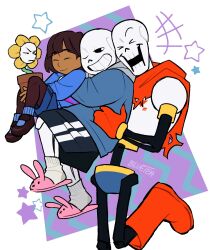  1other 2024 2d 3boys alternate_skin_color ambiguous_gender animal_slippers ankle_boots armor artist_name behind_another black_shorts blue_jacket blue_shirt blue_shorts blue_socks blue_sweater bluebertea boots border brothers brown_boots brown_hair brown_pantyhose brown_shoes brown_shorts cape carrying carrying_person child clip_studio_paint_(medium) closed_eyes commentary cowboy_shot dark-skinned_other dark_skin derivative_work digital_media double_horizontal_stripe drawstring english_commentary flower flower_pot flowey_(undertale) frisk_(undertale) full_body gloves grey_hood grin group_hug height_difference highres holding holding_flower_pot hollow_eyes hood hood_down hooded_jacket horizontal-striped_clothes hug human humanoid jacket lifting_person male monster monster_boy multiple_boys open_clothes open_jacket open_mouth outline pantyhose pantyhose_under_shorts papyrus_(undertale) pink_slippers pink_stripes plant potted_plant rabbit_slippers red_boots red_cape red_gloves redrawn sans_(undertale) shirt shoes short_hair shorts siblings simple_background single_vertical_stripe skeleton slippers smile socks striped_clothes striped_shirt striped_shorts striped_sweater sweater teeth two-tone_shirt two-tone_sweater undead undertale utdr_(toby_fox) vertical-striped_clothes vertical-striped_shorts watermark white_armor white_background white_outline white_shirt white_socks white_stripes yellow_flower 