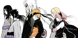  2girls 4boys bare_shoulders black_gloves black_hairband black_headband black_jacket black_sleeves black_vest blonde_hair breasts closed_mouth facial_mark forehead_mark forehead_protector gloves hair_between_eyes hairband hand_on_own_hip haruno_sakura headband highres jacket japanese_clothes jiraiya_(naruto) large_breasts low_ponytail low_twintails medium_breasts medium_hair multicolored_jacket multiple_boys multiple_girls naruto_(series) naruto_shippuuden orange_jacket orochimaru_(naruto) own_hands_clasped own_hands_together parted_bangs pink_hair ponytail rope_belt sakulove_sssk shirt short_hair smile spiky_hair tsunade_(naruto) twintails two-tone_jacket uchiha_sasuke upper_body uzumaki_naruto vest whisker_markings white_background white_hair white_shirt 
