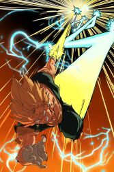  1boy absurdres arm_blade blonde_hair blue_pants blue_shirt clenched_teeth commentary_request dougi dragon_ball dragon_ball_z earrings energy_sword full_body gloves green_eyes highres jewelry kazumax76 male_focus medium_hair motion_lines orange_shirt pants potara_earrings shirt smirk solo speed_lines spiky_hair super_saiyan super_saiyan_1 sword teeth vegetto weapon white_gloves 