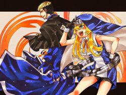  2boys :d arm_at_side arm_up bare_arms bare_shoulders bike_shorts black_capelet black_gloves black_shorts blonde_hair blue_coat blue_veil blue_vest blush bridget_(guilty_gear) capelet closed_mouth coat cowboy_shot cross cross_print crossover dynamic_pose excited fingerless_gloves floating_clothes genre_connection gloves goenitz green_eyes guilty_gear guilty_gear_xx guimpe hair_between_eyes hair_over_one_eye hand_on_own_hip latin_cross letterboxed light_particles long_sidelocks looking_ahead looking_at_viewer looking_back m.u.g.e.n male_focus mars_symbol multiple_boys narrowed_eyes neck_ribbon nun object_belt one_eye_covered open_mouth outside_border oversized_object print_wrist_cuffs profile ribbon sanpaku shading_eyes shirt short_hair shorts sidelocks sleeveless sleeveless_shirt sleeves_past_wrists smile teeth the_king_of_fighters tobi_(discharge_cycle) trap upper_teeth_only veil vest white_shirt white_trim white_wrist_cuffs wrist_cuffs yellow_ribbon 