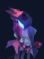  2boys alastor_(hazbin_hotel) animal_ears black_background black_hat black_jacket black_pants black_skin colored_skin cowboy_shot cyanbloodart deer_boy deer_ears deer_tail from_side grey_sweater hat hazbin_hotel hellaverse highres holding holding_staff jacket jacket_on_shoulders multicolored_hair multiple_boys open_clothes open_jacket pants red_hair red_jacket red_skin simple_background staff striped_clothes striped_jacket sweater tail television top_hat two-tone_hair vox_(hazbin_hotel) 