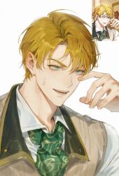  1boy absurdres alberu_crossman blonde_hair blue_eyes bow bowtie brown_vest collared_shirt comic_panel_redraw derivative_work fingernails green_necktie hand_on_own_face hand_up highres lips long_sleeves looking_up lout_of_count's_family male_focus monchya_33 necktie nervous_smile nervous_sweating open_mouth parted_lips raised_eyebrows shirt short_hair simple_background smile solo sweat sweatdrop teeth thick_eyebrows thick_lips upper_body vest white_background white_shirt 