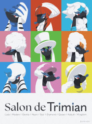  absurdres animal_focus artist_name blonde_hair blue_hair blunt_bangs closed_eyes commentary_request dog english_text french_text furfrou furfrou_(dandy) furfrou_(debutante) furfrou_(diamond) furfrou_(heart) furfrou_(kabuki) furfrou_(la_reine) furfrou_(matron) furfrou_(pharaoh) furfrou_(star) green_hair half-closed_eyes hat highres hotarubi_(bugkhdu) long_hair looking_afar looking_at_viewer looking_to_the_side mixed-language_text multicolored_hair multilingual_text no_humans no_mouth partial_commentary pink_hair pokemon pokemon_(creature) red_eyes red_hair sidelocks sideways_glance star_(symbol) top_hat translation_request twitter_username two-tone_hair watermark white_hair white_hat 