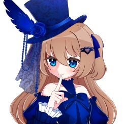  1girl alternate_costume bare_shoulders blue_dress blue_eyes blue_flower blue_hat blue_ribbon blue_rose brown_hair closed_mouth commentary dress english_commentary flower flower_in_hat from_side hair_between_eyes hair_ornament hair_ribbon hat heart heart_hair_ornament highres index_finger_raised long_hair long_sleeves neoriaquin neuro-sama ribbon rose solo top_hat two_side_up upper_body vedal_ai virtual_youtuber 