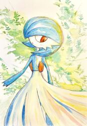  1girl back blue_hair blue_skin bob_cut colored_skin commentary_request from_behind gardevoir green_background hair_over_one_eye highres keishi_(pixiv_1245064) looking_back looking_down multicolored_skin one_eye_covered open_mouth orange_eyes painting_(medium) pokemon pokemon_(creature) short_hair solo standing traditional_media two-tone_skin watercolor_(medium) white_skin 