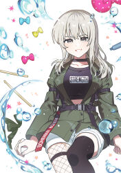  1girl absurdres awa_subaru black_choker black_hair black_shirt blush choker commentary_request drum drum_set fishnet_pantyhose fishnets girls_band_cry green_jacket grey_eyes grey_hair habsida_(habsida_hpy) highres instrument iseri_nina jacket kawaragi_momoka koe_naki_sakana long_hair looking_at_viewer multicolored_hair open_mouth pantyhose roots_(hair) shirt shorts single_thighhigh symbolism thigh-highs thigh_strap white_shorts 