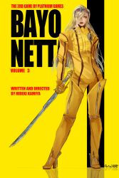  1girl absurdres adapted_costume aria_hope bayonetta_(series) bayonetta_3 beatrix_kiddo beatrix_kiddo_(cosplay) boots bruce_lee's_jumpsuit cosplay full_body high_heel_boots high_heels highres jeanne_(bayonetta) jumpsuit kill_bill long_hair looking_at_viewer movie_poster parted_lips poster_parody reflective_floor solo standing sword very_long_hair weapon yellow_background yellow_jumpsuit 