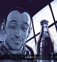  1boy beard_stubble bottle buzz_cut facial_hair fukurau grin looking_at_viewer male_focus meme screen short_hair smile snapchat snapchat_kill_guy_(meme) solo stalker_(game) stalker_2:_heart_of_chornobyl static strelok_(stalker) stubble upper_body very_short_hair water water_bottle 